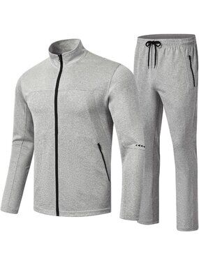 Men's 2 Piece Suit Light Grey Slant Pocket Long Sleeve Sweatsuits Full Zip Sets